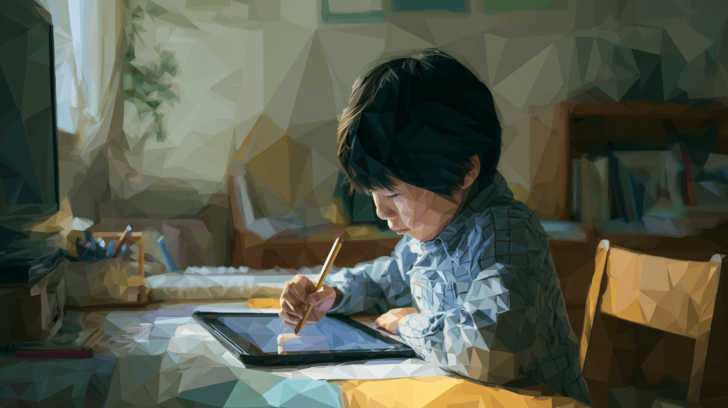 タブレット学習する小学生の横顔の水彩ポリゴン