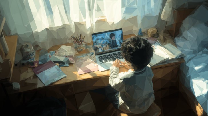 オンライン学習している子どもの水彩ポリゴン