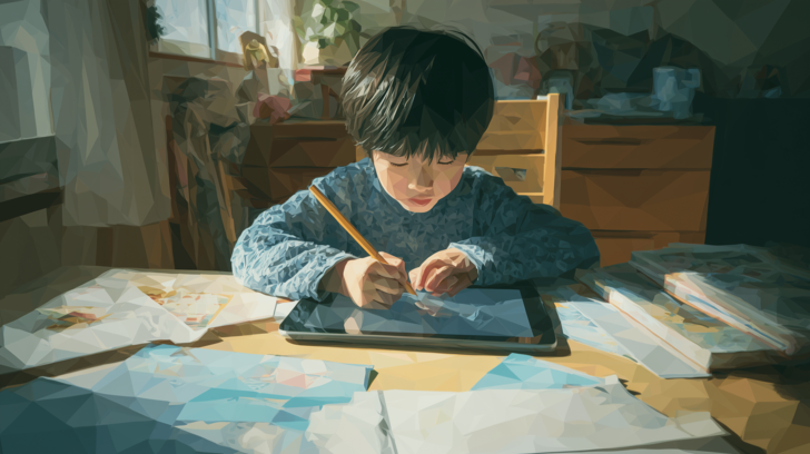 タブレット学習する小学生の水彩ポリゴン