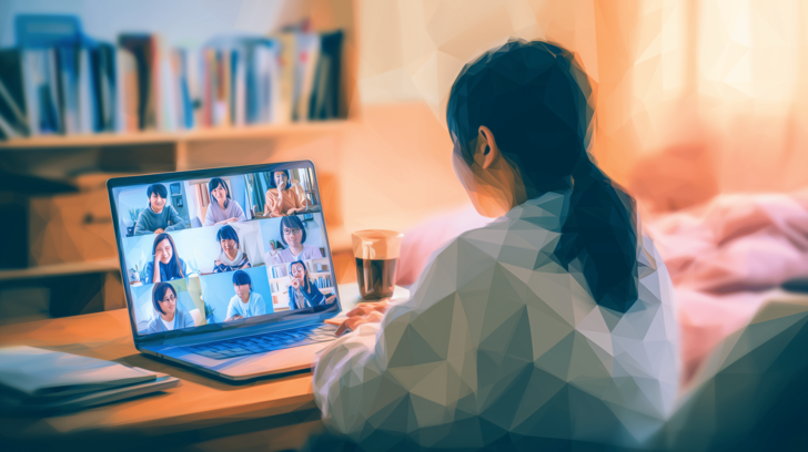 オンライン学習している中高生の水彩ポリゴン